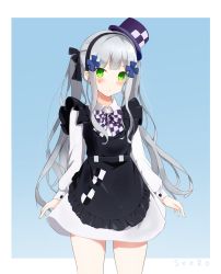 Rule 34 | 1girl, apron, artist name, artistic error, black apron, black bow, black hairband, blue background, bow, bowtie, checkered bow, checkered bowtie, checkered clothes, checkered neckwear, collared shirt, commentary, cowboy shot, frilled apron, frills, girls&#039; frontline, green eyes, hair bow, hair ornament, hairband, hat, highres, hk416 (black kitty&#039;s gift) (girls&#039; frontline), hk416 (girls&#039; frontline), long hair, long sleeves, looking at viewer, mini hat, mini top hat, official alternate costume, purple hat, seero, shirt, sidelocks, signature, silver hair, skirt, solo, top hat, twintails, two-tone background, very long hair, white background, white shirt, white skirt
