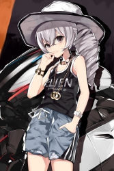 Rule 34 | 1girl, absurdres, bare shoulders, black shirt, blue shorts, bronya zaychik, casual, chain, chain necklace, cowboy shot, crossed bangs, drill hair, evzeva, finger to mouth, grey eyes, grey hair, hand in pocket, hat, highres, honkai (series), honkai impact 3rd, jewelry, long hair, looking at viewer, necklace, print shirt, shirt, shorts, sleeveless, sleeveless shirt, smile, solo, standing, sun hat, white hat
