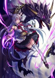 Rule 34 | 1girl, absurdres, arm up, bad id, bad pixiv id, black skirt, boots, detached sleeves, dragon, fang, full body, highres, holding, holding sword, holding weapon, layered skirt, leg up, long hair, looking at viewer, magic, maruchi, open mouth, original, outstretched arm, purple eyes, purple footwear, shirt, silver hair, skirt, sleeveless, sleeveless shirt, solo, sword, thighhighs, two side up, very long hair, weapon, white thighhighs, zettai ryouiki