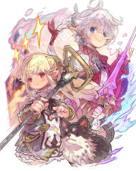 Rule 34 | alisaie leveilleur, animal, blonde hair, blue eyes, blush stickers, closed mouth, commentary request, dog, dress, eyes visible through hair, final fantasy, final fantasy xiv, fingerless gloves, gloves, grey dress, hair over one eye, haku (sabosoda), highres, holding, holding staff, holding sword, holding weapon, lalafell, long hair, ponytail, puffy short sleeves, puffy sleeves, red eyes, red gloves, red vest, shirt, short sleeves, smile, staff, sword, vest, warrior of light (ff14), weapon, white hair, white shirt