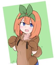 Rule 34 | 1girl, :d, animal hands, blue eyes, blush, brown gloves, brown hoodie, commentary request, dog tail, drawstring, eyebrows hidden by hair, fake tail, gloves, go-toubun no hanayome, green background, hair between eyes, hands up, highres, hood, hood down, hoodie, kujou karasuma, looking at viewer, nakano yotsuba, open mouth, orange hair, paw gloves, simple background, smile, solo, tail, two-tone background, white background