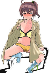 Rule 34 | 1girl, absurdres, ahoge, bare legs, black bow, blush, bow, breasts, brown hair, camisole, cleavage, coat, collarbone, frilled camisole, frills, hair ornament, heart, heart-shaped pupils, highres, hololive, natsuiro matsuri, natsuiro matsuri (matsuri&#039;s day off), naughty face, navel, nishiuma gomeyuki, official alternate costume, open clothes, open coat, orange shorts, short hair, shorts, side ponytail, sidelocks, sitting, sleepwear, small breasts, solo, spread legs, stomach, symbol-shaped pupils, trench coat, virtual youtuber, white footwear, yellow camisole