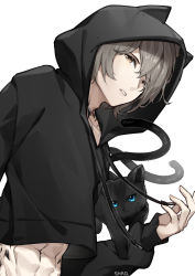 Rule 34 | 1boy, abs, absurdres, animal hood, arknights, bad id, bad pixiv id, black cat, black hoodie, brown eyes, cat, cat hood, commentary request, drawstring, grey hair, highres, hood, hoodie, long sleeves, looking at viewer, male focus, material growth, multiple tails, nekomata, oripathy lesion (arknights), parted lips, phantom (arknights), shao (shaorouhong), simple background, tail, two tails, upper body, white background
