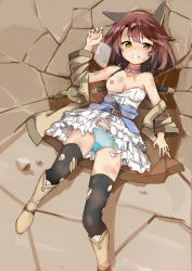 Rule 34 | 1girl, amane rosylily, animal ears, arm up, bare shoulders, black thighhighs, blue panties, blush, boots, bow, bow panties, breasts, brown coat, brown footwear, brown hair, bruise, clenched teeth, coat, collarbone, dress, dutch angle, facing viewer, fingernails, fox ears, from above, head tilt, highres, injury, knee boots, long sleeves, lying, nipples, nose blush, off shoulder, on back, one breast out, open clothes, open coat, original, panties, polka dot, polka dot panties, sekira ame, small breasts, smoke, solo, strapless, strapless dress, tears, teeth, thighhighs, torn clothes, torn dress, torn thighhighs, translation request, underwear, white dress, wide sleeves, yellow eyes