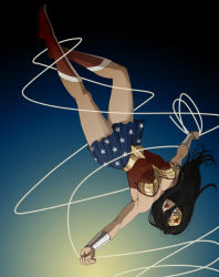 Rule 34 | 1girl, amazon warrior, black hair, blue eyes, boots, breasts, dc comics, female focus, flying, full body, gb (doubleleaf), gradient background, hair over one eye, lasso, lasso of truth, red footwear, rope, shoes, skirt, solo, star (symbol), star print, strapless, tiara, upside-down, vambraces, wonder woman, wonder woman (series)