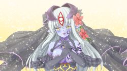 Rule 34 | 1girl, alipheese fateburn xvi, blue skin, breast tattoo, breasts, cleavage, colored skin, earrings, elbow gloves, facial mark, facial tattoo, flower, forehead mark, gloves, hair flower, hair ornament, highres, horns, jewelry, lamia, large breasts, long hair, looking at viewer, minaha (playjoe2005), mon-musu quest!, monster girl, pointy ears, ring, single earring, slit pupils, solo, tattoo, upper body, veil, white hair, yellow eyes