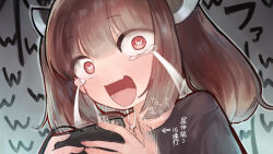 Rule 34 | 1girl, black shirt, blade, blush, brown hair, commentary request, controller, crying, crying with eyes open, fang, game controller, grey background, headgear, highres, holding, holding controller, holding game controller, laughing, looking at viewer, medium hair, microa, motion blur, motion lines, open mouth, portrait, shirt, skin fang, smile, solo, streaming tears, symbol-shaped pupils, tears, text background, text in eyes, touhoku kiritan, translation request, twintails, voiceroid, wide-eyed