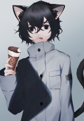 Rule 34 | :p, androgynous, animal ears, black eyes, black hair, cat ears, cat tail, food, food on face, gender request, highres, ice cream, ice cream cone, messy hair, migihidari (puwako), original, short hair, solo, tail, tongue, tongue out