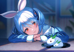 Rule 34 | 1girl, animal ears, blue hair, blue jacket, blue ribbon, blurry, blurry background, carrot hair ornament, closed mouth, food-themed hair ornament, fur-trimmed jacket, fur-trimmed sleeves, fur trim, hair ornament, hair ribbon, head rest, hikimayu, hololive, jacket, light particles, long sleeves, looking at viewer, own hands together, rabbit ears, red eyes, ribbon, shirt, short hair, snow rabbit, solo, tied ears, two side up, unowen, usada pekora, usada pekora (casual), virtual youtuber, white shirt