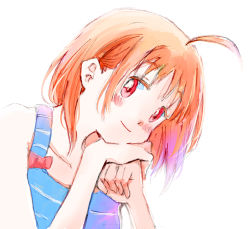 Rule 34 | 1girl, ahoge, alternate hairstyle, blue shirt, bow, bowtie, commentary request, gradient hair, head rest, highres, looking at viewer, love live!, love live! sunshine!!, multicolored hair, orange hair, pajamas, red eyes, shirt, short hair, sidelocks, sleeveless, sleeveless shirt, smile, solo, takami chika, white (waterwhite)
