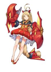 Rule 34 | 1girl, absurdres, antenna hair, black hairband, blonde hair, blush, claws, closed mouth, crab claw, dress, frilled dress, frills, hairband, headgear, highres, hong yu, long hair, mecha musume, orange eyes, original, personification, pout, red dress, red footwear, simple background, solo, transparent background, very long hair, white background