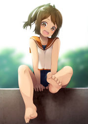 Rule 34 | 1girl, barefoot, brown eyes, brown hair, full body, hair ornament, hairclip, i-401 (kancolle), kantai collection, looking at viewer, mofu namako, open mouth, orange sailor collar, ponytail, round teeth, sailor collar, sailor shirt, school swimsuit, shirt, short ponytail, sitting, smile, solo, swimsuit, swimsuit under clothes, teeth, upper teeth only, wall
