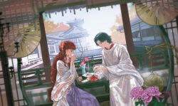 Rule 34 | 1boy, 1girl, absurdres, architecture, bamboo screen, black hair, censer, chinese clothes, chrysanthemum, couch, cup, day, dutch angle, east asian architecture, feet out of frame, flat chest, flower, food, fruit, glass teapot, hair ornament, half updo, hand up, hanfu, highres, holding, holding cup, juuni kokuki, long hair, long sleeves, looking down, moon gate, nakajima youko, parted bangs, plate, pomegranate, pouring, profile, purple flower, railing, rakushun (juuni kokuki), red flower, red hair, short hair, sitting, smoke, steam, sweets, table, tea, tea party, teapot, vase, very long hair, wavy hair, wide sleeves, yi (199702090505)