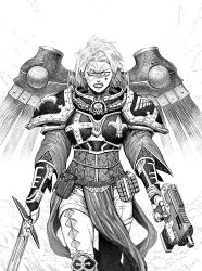 Rule 34 | 1girl, adepta sororitas, armor, belt, belt pouch, bolter, boobplate, breastplate, clenched teeth, commentary, dual wielding, english commentary, explosive, facial mark, finger on trigger, fleur-de-lis, gauntlets, grenade, greyscale, gun, hatching (texture), heterochromia, highres, holding, holding gun, holding sword, holding weapon, lipstick, looking at viewer, makeup, making-of available, mechanical wings, medium hair, monochrome, pants, pauldrons, pelvic curtain, pouch, scar, scar across eye, scar on face, shoulder armor, skull, solo, standing, sword, teeth, walking, warhammer 40k, weapon, wide-eyed, wings, y naf