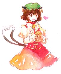 Rule 34 | 1girl, animal ears, bad id, bad pixiv id, bag, bell, blush, bow, brown hair, cat ears, chen, earrings, eating, fingernails, food, green hat, happy, hat, heart, heart tail, holding, holding food, jewelry, juliet sleeves, long fingernails, long sleeves, multiple tails, open mouth, orange skirt, painting (medium), puffy sleeves, red skirt, red vest, sharp fingernails, shirt, short hair, simple background, skirt, skirt set, smile, solo, tail, tama (hiroshige 36), touhou, traditional media, two tails, vest, watercolor (medium), white shirt