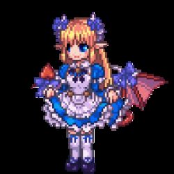 Rule 34 | 1girl, alice (monster girl encyclopedia), animated, animated gif, blonde hair, blue eyes, bow, clothes lift, curtsey, demon girl, demon tail, demon wings, dress, exet, frills, full body, horns, kenkou cross, lowres, monster girl, monster girl encyclopedia, one eye closed, pixel art, pointy ears, ribbon, short dress, skirt, skirt hold, skirt lift, smile, solo, standing, tail, thighhighs, transparent background, white thighhighs, wings, wink, zettai ryouiki