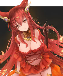 Rule 34 | 1girl, animal ears, anthuria, bracelet, breasts, cleavage, dress, erune, gloves, granblue fantasy, hair ornament, jewelry, kigawa rin, large breasts, long hair, red eyes, red hair, smile, solo