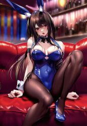 Rule 34 | 1girl, absurdres, animal ear fluff, animal ears, arm support, bare shoulders, blue leotard, blush, breasts, brown hair, buttons, cleavage, couch, covered navel, detached collar, fake animal ears, fingernails, hair ornament, hanikami kanojo, high heels, highres, indoors, knee up, large breasts, leotard, long hair, looking at viewer, medium breasts, minazumi kasane, open mouth, pantyhose, piromizu, playboy bunny, rabbit ears, red eyes, scan, simple background, sitting, skin tight, solo, strapless, strapless leotard, wrist cuffs