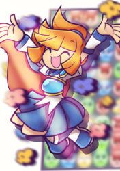 Rule 34 | 1girl, absurdres, arle nadja, armor, armored dress, arms up, blue skirt, brown hair, cape, closed eyes, detached sleeves, dress, full body, half updo, highres, jumping, macaheroes, open mouth, outstretched hand, ponytail, puyo (puyopuyo), puyopuyo, short hair, skirt, smile, solo, twitter username