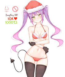 Rule 34 | 1girl, :|, bare arms, bare shoulders, belt, black gloves, black thighhighs, blush, bra, breasts, center-flap bangs, christmas, cleavage, closed mouth, commentary, cowboy shot, crossed arms, demon tail, double-parted bangs, english commentary, english text, flustered, fur-trimmed bra, fur-trimmed headwear, fur trim, gloves, green eyes, groin, hair ornament, hairclip, hand on own elbow, hat, highres, hololive, looking at viewer, ma draws, meme, multicolored hair, navel, panties, pink hair, purple hair, red bra, red panties, santa costume, santa hat, sidelocks, skindentation, small breasts, streaked hair, tail, thighhighs, tokoyami towa, twintails, twitter strip game (meme), underwear, virtual youtuber, white background