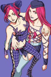 Rule 34 | 1boy, 1girl, arm around neck, arm around waist, braid, breasts, bug, butterfly, cleavage, clenched hand, cone hair bun, crop top, double bun, fishnets, foreshortening, from above, grey lips, hair bun, hat, highres, insect, jojo no kimyou na bouken, kuujou jolyne, large breasts, lipstick, long hair, makeup, midriff, multicolored hair, narciso anasui, navel, purple hair, red hair, smile, tank top, two-tone hair, wristband, yukino (0722)
