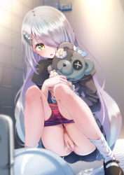 Rule 34 | 1girl, bathroom, blush, censored, female focus, hair ornament, hair over one eye, hairclip, highres, holding, holding stuffed toy, long hair, mosaic censoring, open mouth, panties, panty pull, peeing, pussy, red panties, shoes, silver hair, skirt, socks, solo, squat toilet, squatting, stuffed animal, stuffed toy, teddy bear, toilet, toilet use, underwear, yellow eyes