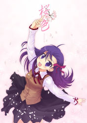 Rule 34 | 00s, 1girl, cherry blossoms, fate/stay night, fate (series), homurahara academy school uniform, long hair, matou sakura, name connection, object namesake, petals, purple eyes, purple hair, school uniform, serafuku, solo
