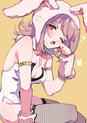 Rule 34 | 1girl, :o, absurdres, animal ears, animal hood, armlet, bare shoulders, blush, breasts, brown background, cleavage, commentary request, danganronpa (series), danganronpa 2: goodbye despair, detached collar, fake animal ears, fishnet thighhighs, fishnets, flipped hair, hand up, highres, hood, leotard, looking at viewer, medium breasts, mole, mole on breast, nanami chiaki, nekoma hikaru, official alternate costume, one eye closed, open mouth, pink eyes, pink neckwear, playboy bunny, rabbit ears, rabbit hood, sitting, skindentation, solo, thighhighs, white leotard, yawning