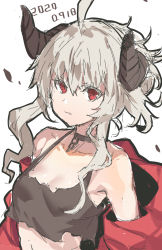 Rule 34 | 1girl, ahoge, bare shoulders, black camisole, black collar, breasts, broken, broken chain, camisole, chain, cleavage, collar, collarbone, commentary request, curled horns, dated, grey hair, hair between eyes, highres, horns, jacket, long hair, looking at viewer, midriff, off shoulder, open clothes, open jacket, original, parted lips, red eyes, red jacket, sidelocks, simple background, sketch, small breasts, solo, upper body, white background, yuuji (yukimimi)