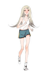 Rule 34 | 1girl, absurdres, bare legs, blood, breasts, breath, clenched hands, collarbone, commentary request, full body, gakuen idolmaster, green shorts, grey hair, hako (misheyes), half-closed eyes, highres, idolmaster, light brown hair, long hair, looking ahead, midriff, nosebleed, orange eyes, running, shinosawa hiro, shorts, simple background, skinny, small breasts, solo, tank top, very long hair, white background, white tank top