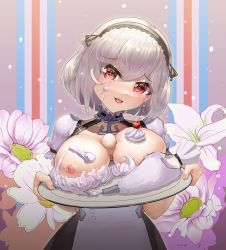 Rule 34 | 1girl, anchor symbol, apron, azur lane, breast rest, breasts, breasts on tray, brown dress, carried breast rest, carrying, cherry, cleavage, collar, cowboy shot, cream, cream on breasts, dress, egg, flower, food, food between breasts, food on body, food on breasts, fruit, holding, holding tray, large breasts, lily (flower), looking at viewer, maid headdress, metal collar, nipples, pastry bag, puffy short sleeves, puffy sleeves, red eyes, short hair, short sleeves, simple background, sirius (azur lane), solo, tray, white apron, white flower, white hair, xg epee