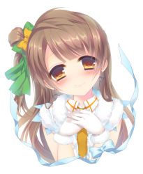 Rule 34 | 10s, 1girl, amamine, bad id, bad pixiv id, bow, brown eyes, brown hair, close-up, gloves, hair bow, hair ribbon, hands on own chest, long hair, looking at viewer, love live!, love live! school idol project, minami kotori, own hands together, ribbon, simple background, smile, snow halation, solo, white background, white gloves