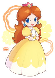 Rule 34 | 1girl, :d, blue eyes, blush, brooch, brown hair, crown, dated, dot nose, dress, earrings, eyelashes, flower (symbol), flower earrings, full body, gloves, hands on own chest, highres, jewelry, long dress, long hair, looking at viewer, mario (series), nintendo, open mouth, orange background, princess, princess daisy, puffy short sleeves, puffy sleeves, short sleeves, smile, solo, standing, super mario land, teru suzu, white background, white dress, white gloves, yellow background, yellow dress