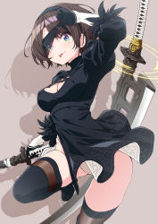 Rule 34 | 1girl, absurdres, alternate costume, arm up, asanaya, black dress, black thighhighs, blindfold, blush, breasts, brown hair, cleavage, closed mouth, cosplay, dress, elbow gloves, feather trim, feathers, floating, floating object, floating sword, floating weapon, gloves, greatsword, hair strand, hairband, hand up, highres, holding, holding sword, holding weapon, hololive, juliet sleeves, katana, large breasts, leg up, leotard, long sleeves, looking at viewer, medium hair, messy hair, multicolored clothes, multicolored eyes, multicolored gloves, nier:automata, nier (series), oozora subaru, puffy sleeves, shadow, short sleeves, side slit, sidelocks, simple background, smile, solo, standing, standing on one leg, sword, telekinesis, thigh strap, thighhighs, thighs, tongue, tongue out, turtleneck, virtual youtuber, weapon, 2b (nier:automata), 2b (nier:automata) (cosplay)