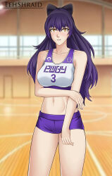 Rule 34 | 1girl, absurdres, alternate costume, arm under breasts, artist name, bare shoulders, black bow, black hair, blake belladonna, blurry, blurry background, blush, bow, breasts, buruma, collarbone, copyright name, gym, gym uniform, hair bow, highres, indoors, jersey, large breasts, long hair, looking at viewer, midriff, multicolored hair, navel, number print, parted lips, purple buruma, purple hair, rwby, solo, sports bra, stomach, tehshraid, thighs, two-tone hair, yellow eyes