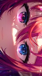 Rule 34 | 1girl, absurdres, blue eyes, closed mouth, commentary, eye focus, getto, hair between eyes, heterochromia, highres, hololive, hololive english, irys (hololive), looking at viewer, pink eyes, pointy ears, portrait, red hair, sideways, solo, virtual youtuber
