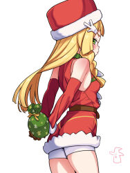 Rule 34 | 1girl, bare shoulders, belt, blonde hair, blush, braid, breasts, brown belt, brown gloves, closed mouth, coat, commentary request, cosplay, creatures (company), detached sleeves, game freak, gloves, green eyes, hat, highres, holding, kinocopro, lillie (pokemon), long hair, looking to the side, medium breasts, nintendo, pokemon, pokemon masters ex, pokemon sm, pouch, red coat, red hat, ribbon, shorts, simple background, small breasts, solo, white background, white shorts, whitney (holiday 2022) (pokemon), whitney (pokemon), whitney (pokemon) (cosplay), yellow ribbon
