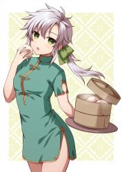 Rule 34 | 1girl, :o, aged up, alternate costume, alternate hairstyle, baozi, blush, border, bow, breasts, chihiro (chihiro3399), china dress, chinese clothes, commentary, cowboy shot, dress, eiyuu densetsu, eyelashes, fie claussell, floating hair, food, green bow, green dress, green eyes, hair between eyes, hair bow, highres, hip vent, holding, holding food, holding tray, long hair, looking at viewer, low ponytail, open mouth, sen no kiseki, sen no kiseki iii, short dress, short sleeves, simple background, small breasts, solo, spiked hair, symbol-only commentary, tray, tsurime, white border, yellow background