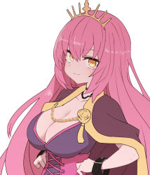Rule 34 | 1girl, breasts, brown capelet, capelet, chain, cleavage, closed mouth, crown, hands on own hips, large breasts, long hair, looking at viewer, oda nobunaga (sengoku collection), orange eyes, pink hair, sengoku collection, simple background, smile, solo, sumiyao (amam), underbust, upper body, very long hair, white background