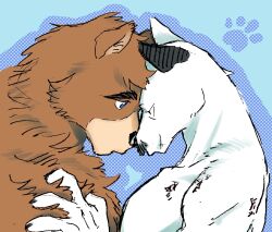 Rule 34 | 2boys, bara, bear boy, billy russell (dickfish), couple, dickfish (fishismdick), dog boy, eye contact, facial hair, feeling fur, forehead-to-forehead, from side, furrification, furry, furry with furry, heads together, highres, john rottweil (dickfish), looking at another, male focus, mature male, multiple boys, muscular, muscular male, mustache, nude, original, profile, thick eyebrows, upper body, yaoi