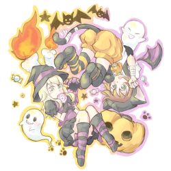 Rule 34 | 00s, 2girls, :o, alternate costume, animal ears, bat (animal), blonde hair, bloomers, boots, brown hair, candle, candy, cat ears, cat tail, dress, elize lutus, food, full body, ghost, halloween, hat, hood, jack-o&#039;-lantern, lollipop, maruru (marimo811), multiple girls, open mouth, orange bloomers, paw pose, pumpkin, rita mordio, short hair, shorts, tail, tales of (series), tales of vesperia, tales of xillia, teepo (tales), underwear, upside-down, wings, witch hat, wrapped candy