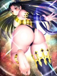 Rule 34 | 1girl, absurdres, ass, barefoot, black hair, blush, earrings, fate/grand order, fate (series), feet, from behind, highres, ishtar (fate), jewelry, long hair, looking back, red eyes, smile, soles, solo, somaria, toes