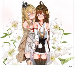 Rule 34 | 10s, 2girls, absurdres, ahoge, aqua eyes, bad id, bad pixiv id, bare shoulders, black legwear, blonde hair, blush, braid, breast press, breasts, brown hair, collarbone, corset, cowboy shot, crown, detached sleeves, double bun, dress, floral background, flower, french braid, garter straps, grey dress, grey legwear, hair between eyes, hairband, hand on another&#039;s hip, hand on own hip, highres, japanese clothes, jewelry, kantai collection, kongou (kancolle), large breasts, lily (flower), lips, long hair, looking at another, looking to the side, mini crown, miniskirt, multiple girls, necklace, nontraditional miko, off-shoulder dress, off shoulder, parted lips, purple eyes, shy, skirt, ssamjang (misosan), teapot, thighhighs, warspite (kancolle), wide sleeves, yuri