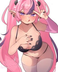 Rule 34 | 1girl, :q, artist name, black bra, black nails, black panties, blush, bra, breast suppress, breasts, cleavage, demon girl, demon horns, earrings, fang, heart, heart earrings, highres, horns, ironmouse, jewelry, large breasts, long hair, long pointy ears, looking at viewer, multicolored hair, multiple earrings, navel, panties, pink hair, pointy ears, purple eyes, simple background, skin fang, smile, solo, streaked hair, succuguts, thigh gap, thighhighs, tongue, tongue out, twintails, underwear, underwear only, v, very long hair, virtual youtuber, vshojo, watermark, white background, white thighhighs