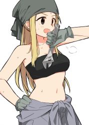 Rule 34 | 1girl, :d, adjustable wrench, armpits, bandana, bandeau, bare shoulders, black bandeau, black eyes, blonde hair, blush, breasts, breath, cleavage, clothes around waist, commentary, cowboy shot, fullmetal alchemist, gloves, grey bandana, grey gloves, grey overalls, hand on own hip, highres, holding, holding wrench, large breasts, long hair, looking ahead, matsuda hikari, midriff, navel, open mouth, overalls, overalls rolled up, sidelocks, simple background, smile, solo, strapless, sweat, tied sleeves, tube top, white background, winry rockbell, wiping sweat, wrench