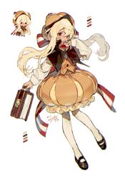 Rule 34 | 1girl, black footwear, blonde hair, book, brown skirt, brown vest, bubble skirt, caramel choux cookie, closed mouth, cookie run, frilled skirt, frills, full body, hat, holding, holding book, long hair, long sleeves, looking at viewer, mary janes, pantyhose, red eyes, reference inset, sapphire (nine), shirt, shoes, skirt, smile, solo, vest, white pantyhose, white shirt