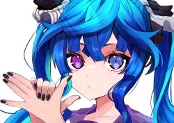 Rule 34 | 1girl, @ @, black nails, blue eyes, blue hair, crossed bangs, hands up, heterochromia, highres, long hair, looking at viewer, nail polish, portrait, puckered lips, purple eyes, shadow puppet, simple background, solo, toa510, twin turbo (umamusume), twintails, umamusume, white background
