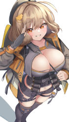 Rule 34 | 1girl, absurdres, ahoge, ammunition, ammunition belt, anis (nikke), artist name, beret, between breasts, black footwear, black hat, black jacket, black shorts, black thighhighs, blush, breasts, brown eyes, brown hair, buckle, cat hair ornament, cleavage, commentary, crop top, explosive, fingerless gloves, gloves, goddess of victory: nikke, grenade, grenade cartridge, grey gloves, grey shirt, grin, hair between eyes, hair ornament, hand grenade, hat, highres, holster, jacket, large-caliber cartridge, large breasts, long sleeves, looking at viewer, midriff, navel, open clothes, salute, shadow, shirt, short hair, short shorts, shorts, sidelocks, simple background, single fingerless glove, smile, snap-fit buckle, solo, standing, strap between breasts, ta1sh1, teeth, thigh holster, thigh strap, thighhighs, weapon, weapon on back, white background