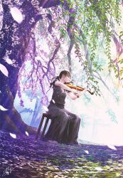 Rule 34 | 1girl, highres, instrument, mocha (cotton), music, original, outdoors, playing instrument, sitting, solo, spring (season), tree, violin
