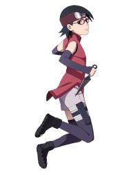 Rule 34 | 1girl, arm warmers, black eyes, black hair, boruto: the movie, child, forehead protector, full body, glasses, kunai, looking at viewer, naruto, naruto (series), official art, shorts, simple background, solo, thighhighs, toeless legwear, toes, uchiha sarada, weapon